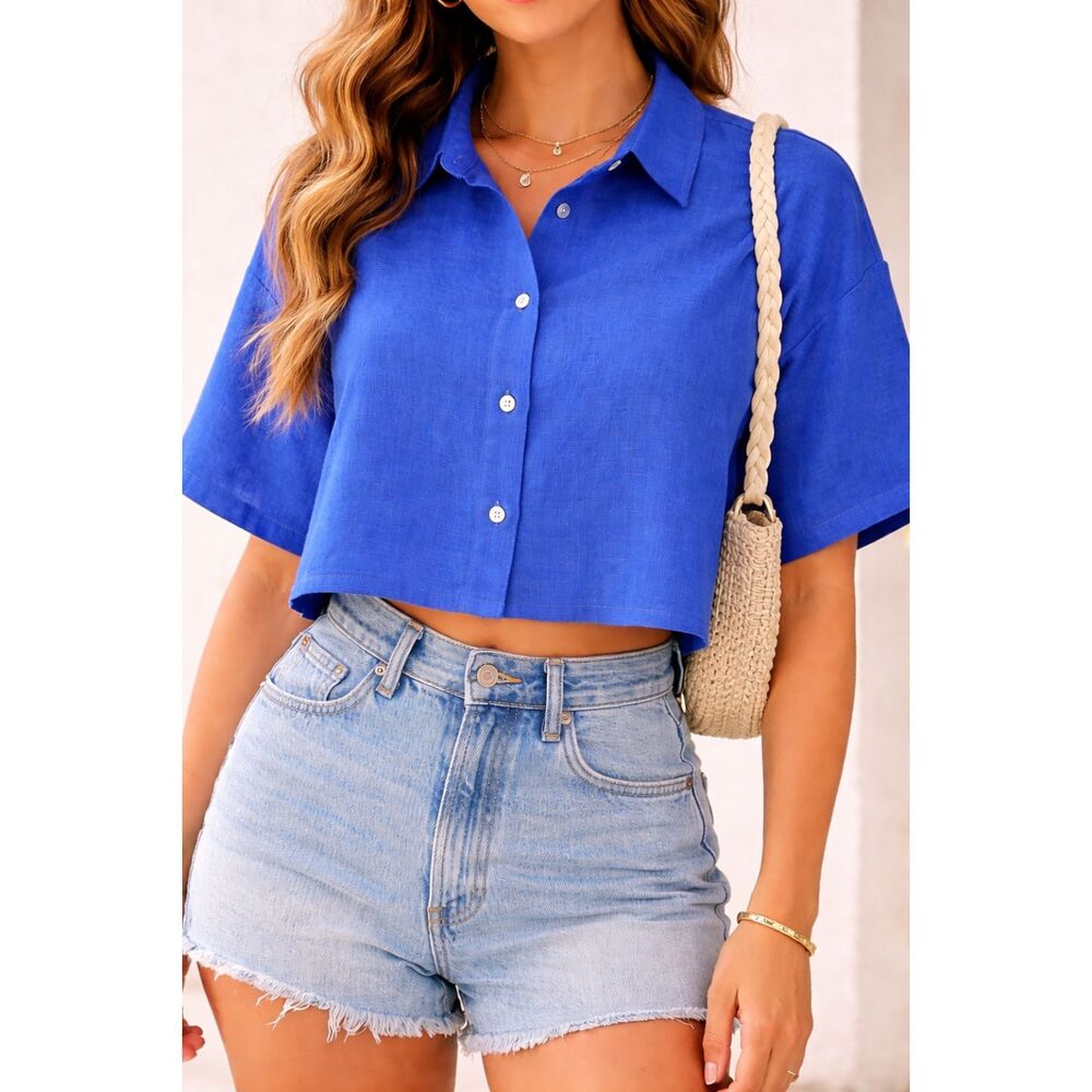 H&M 100% Linen Cropped Button Front Blouse Blue Short Sleeve Boxy XL